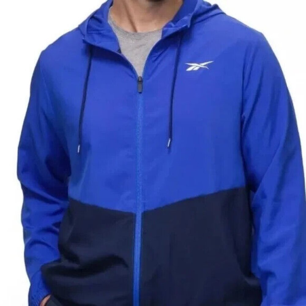 New Reebok Full Zip Athletic Jacket Hooded Large Blue Color Block